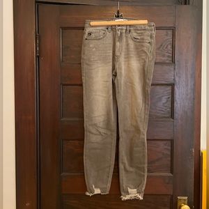 Kancan gray denim distressed, raw hem skinny jeans